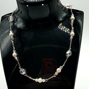 SP Faux Pearl Aurora Borealis Clear Faceted Beaded Chain Necklace 20"